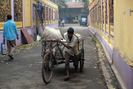 Traditioneller indischer Rikschafahrer, der von Hand gezogen wird und auf der Straße arbeitet