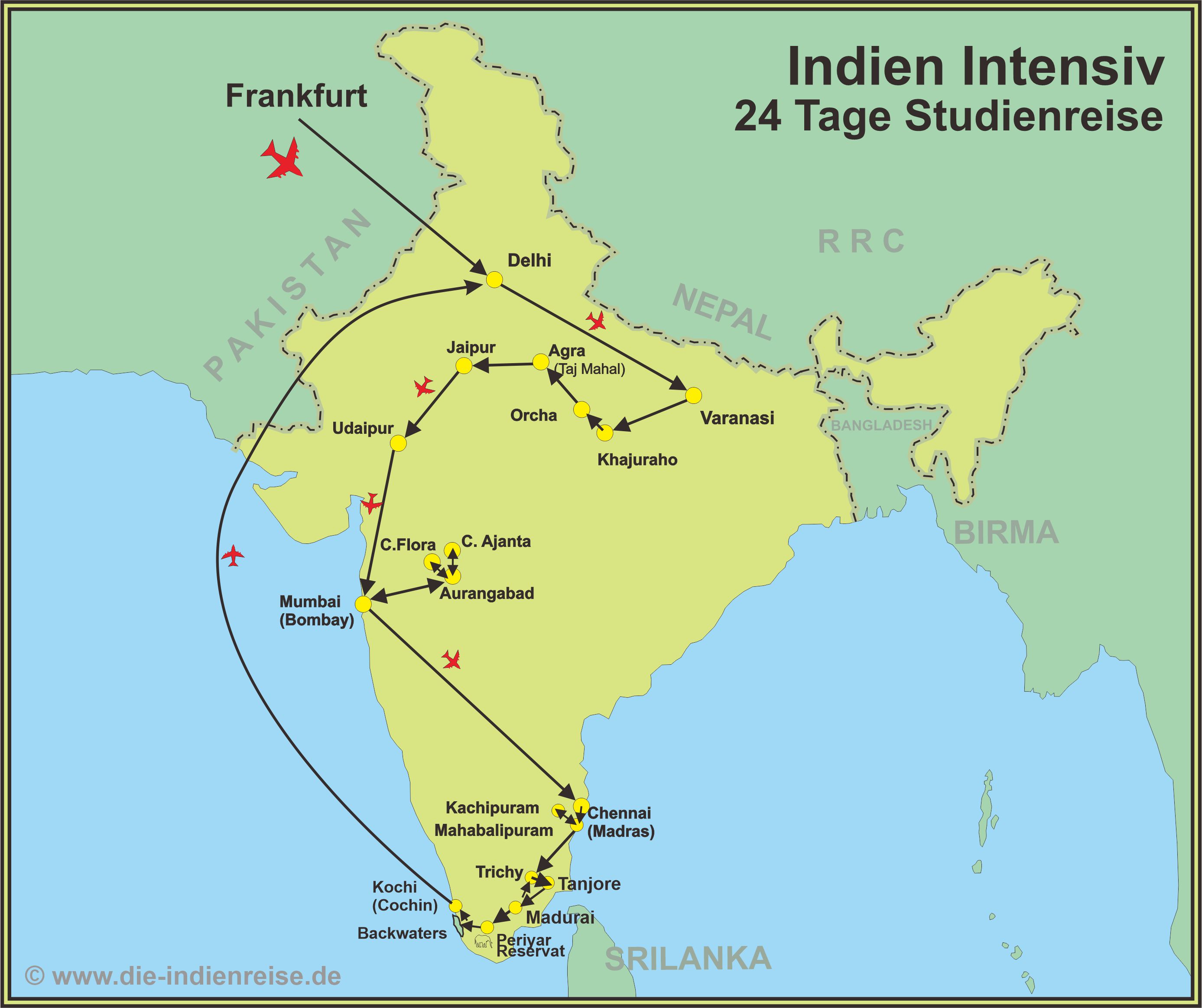 Indien Studienreisen Reiseroute