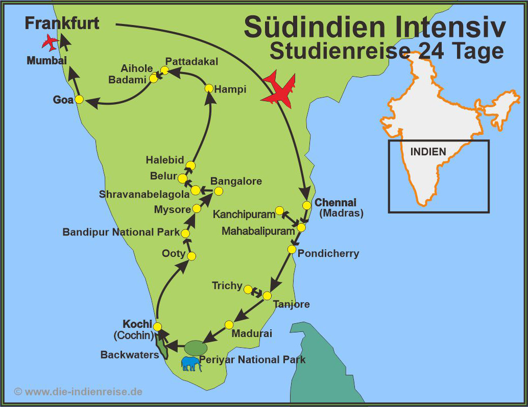 Reiseroute der Rundreise Südindien